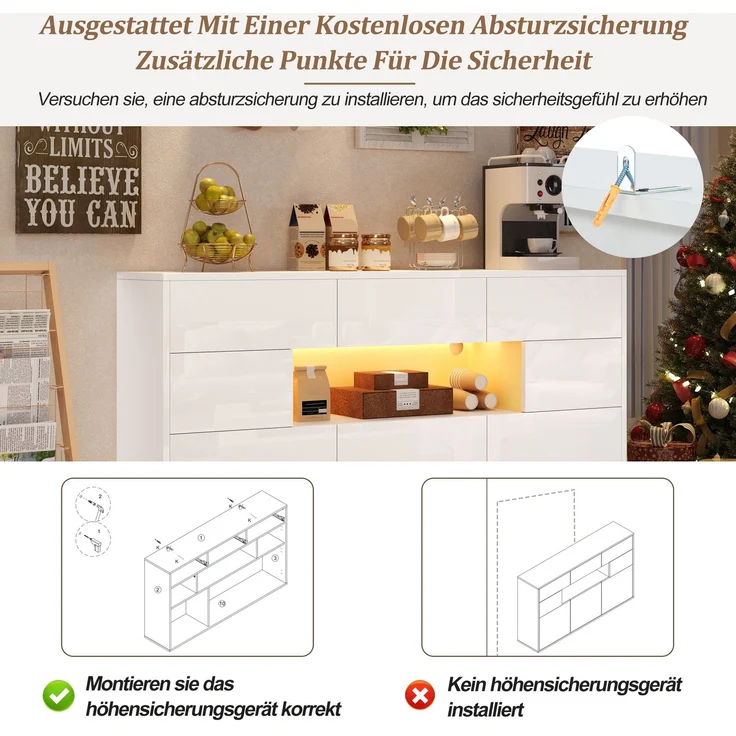 Merax 140*30*82cm Wohnzimmer-Sideboard, mit 3 Schubladen und 5 Schränken,Hochglanz-Kommode Mit LED-Lichtleiste,Schrank 140cm breit,MDF, weiß – Bild 8