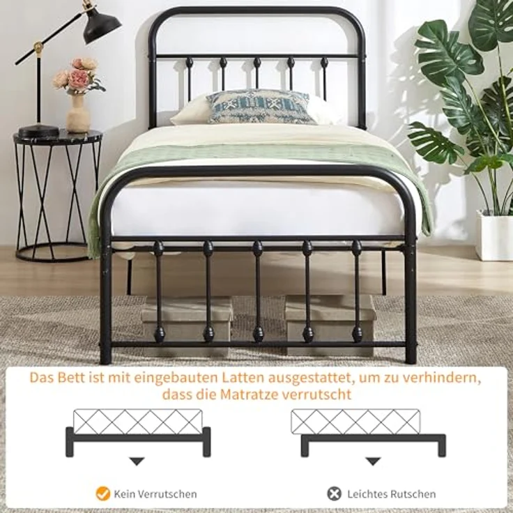 VECELO Bettrahmen 90 x 200 cm Metallbett mit Lattenrost und Hohem Kopfteil, Modern Gästebett Jugendbett, Einfacher Aufbau für Schlafzimmer Gästezimmer, Schwarz – Bild 7