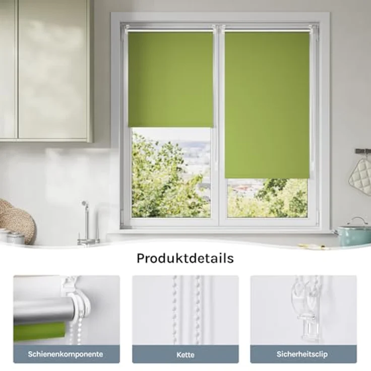 WOLTU Verdunkelungsrollo ohne Bohren, Thermo Verdunkelungsrollo mit Kette, Sichtschutz, für Türen und Fenster, Grün，B90 x H150 cm – Bild 6