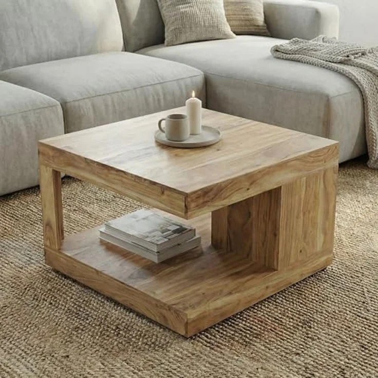 FINEBUY Couchtisch FB116674 Akazie Massivholz 60cm Wohnzimmertisch Beistelltisch Tisch (Quadratisches Designobjekt mit offener Form), Komplett aus massivem Akazienholz gefertigt – Bild 2
