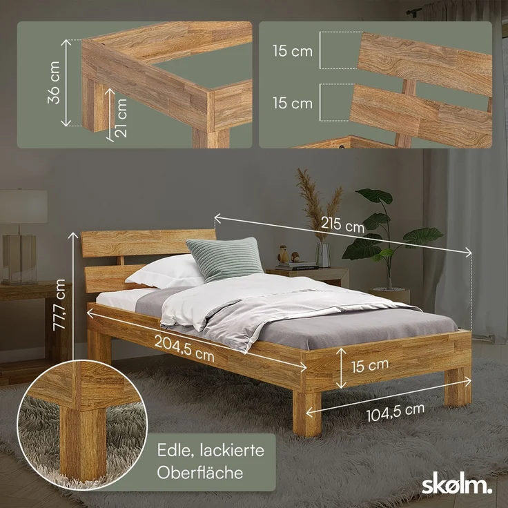 skølm 'Floki' Bett 100x200 cm, Bettgestell, natur geölt, Massivholzbett aus Eiche, Einzelbett mit Bettkopf – Bild 6