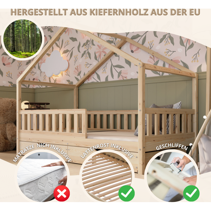 Crazy Pine 'Crazy House' Hausbett mit abnehmbaren Rausfallschutz, Naturholz, Natur, 120x200 cm, mit Schubladen – Bild 4