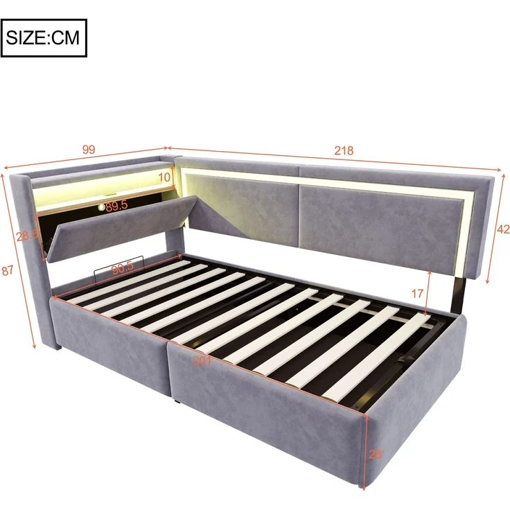 Schlafsofa, Samt mit LED & USB-Anschluss, Stauraum, 90x200 cm, Hellgrau, ohne Matratze – Bild 10
