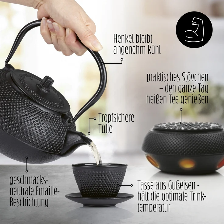 Lumaland Teeservice Set 12-teilig, 1,4 Liter Gusseiserne Teekanne Tetsubin (12-tlg), Bambus/Gusseisen/Edelstahl, Stövchen aus Gusseisen, 4 Teebecher & 4 Untersetzer uvm. – Bild 4