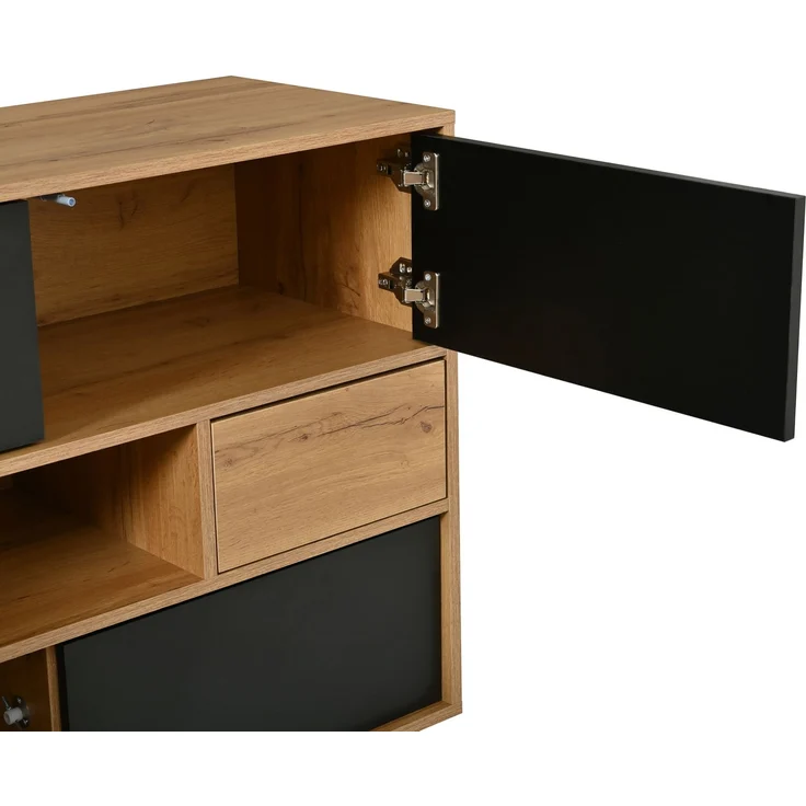 Sideboard aus MDF und PB mit 2 Schubladen, Klapptüren & offenem Fach, 140 x 40 x 84,5 cm, Natur/Schwarz – Bild 10