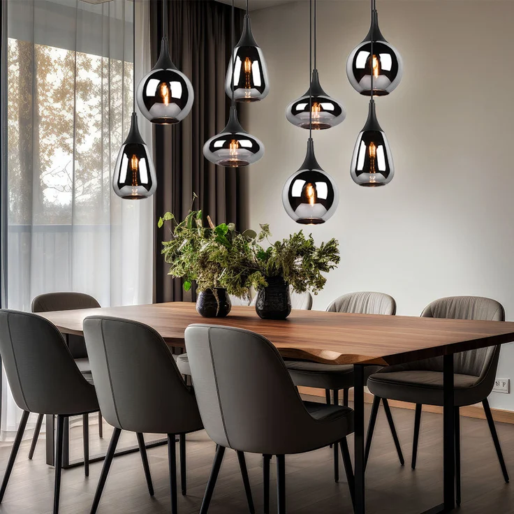 Hängeleuchte, Metall schwarz, Glas chrom bedampft, H 150 cm – Bild 2