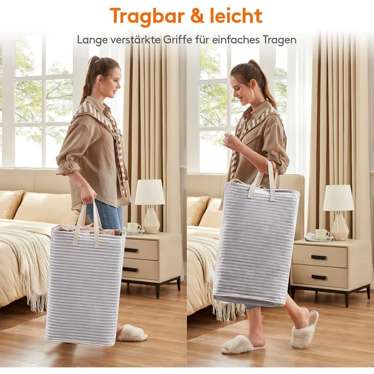 Lifewit 75L Groß Wäschekorb Organizer mit erweitertem Griff, Faltbarer Wäschesammler Wäschebox Aufbewahrungskorb, Tragbar Wäschesortierer für Wäsche, Kleidung, Decken, Kissen, Wäschekörbe, Grau – Bild 4