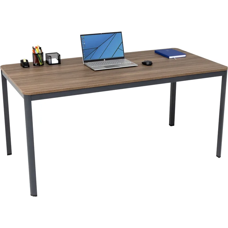 furni24 Schreibtisch D-Profil Nova 200 x 80 x 75 cm, Nussbaum, Einfache Montage, Arbeitstisch, Bürotisch, Küchentisch, Esstisch, Druckertisch Büro-Möbel Computertisch Gaming-Tisch Mehrzwecktisch
