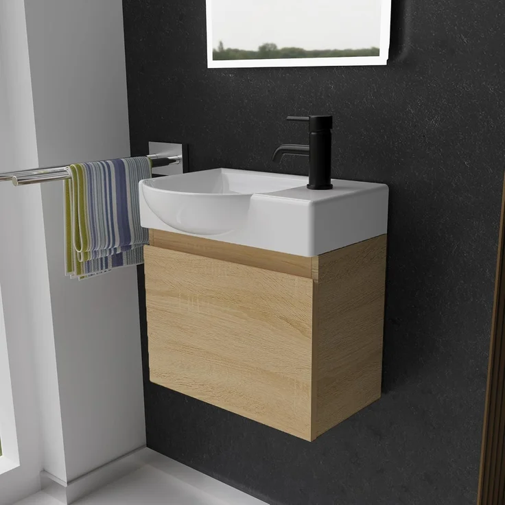 Alpenberger Badmöbel-Set - Gäste WC Waschbecken mit Unterschrank 45 cm Breit, (Badschrank 2-tlg, Waschtisch hängend), Waschbeckenunterschrank mit Softclose - Eiche Hell - Links Becken – Bild 1