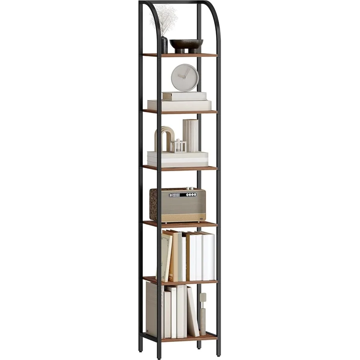 Bücherregal, 6 Ebenen Standregal, DVD-Regal, Schmale Regale, Offenes Regal, Industriestil, Metallrahmen, Geeignet für Arbeitszimmer, Wohnzimmer, Schlafzimmer, Küche, Braun – Bild 2