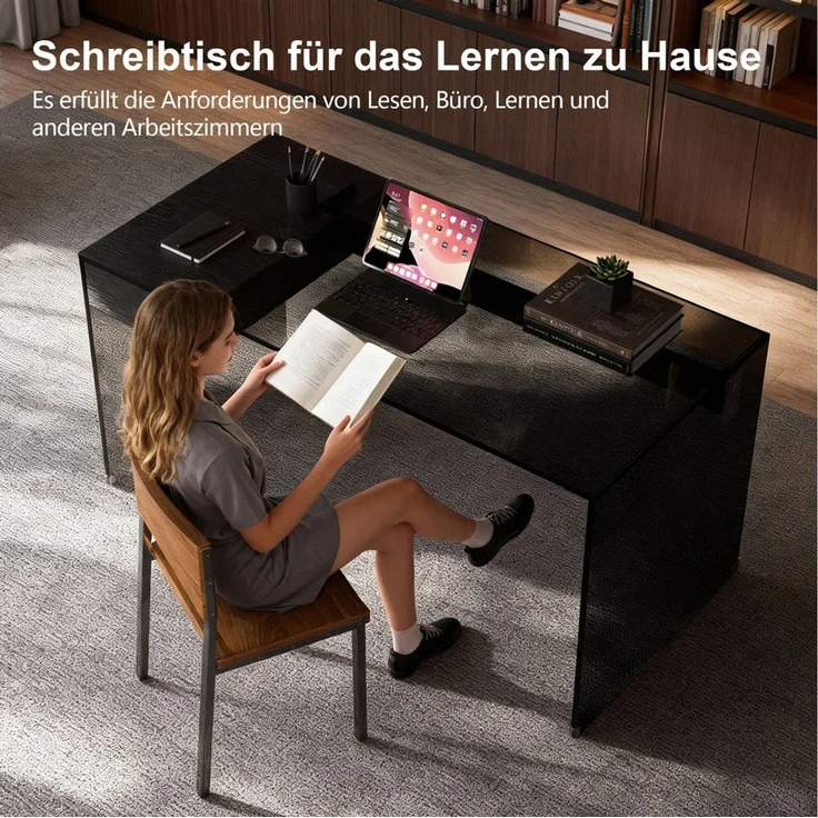 oleyluckidea Schreibtisch Schreibtisch mit Schubladen aus Sicherheitsglas stoßfest Schwarz (Set, ein Tisch), Breite 135 cm – Bild 3