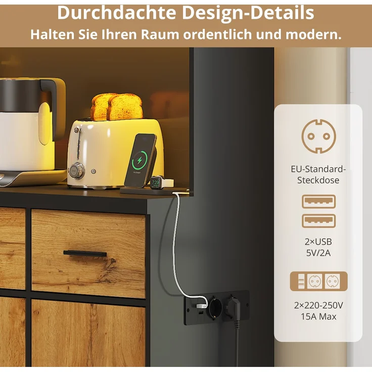 100x40x180cm, multifunktionales Buffet mit LED-Beleuchtung mit APP-Steuerung, Schubladen, verstellbaren Einlegeböden, Kabelführungslöchern und Steckdosen, ideal für Küchen und Esszimmer – Bild 10