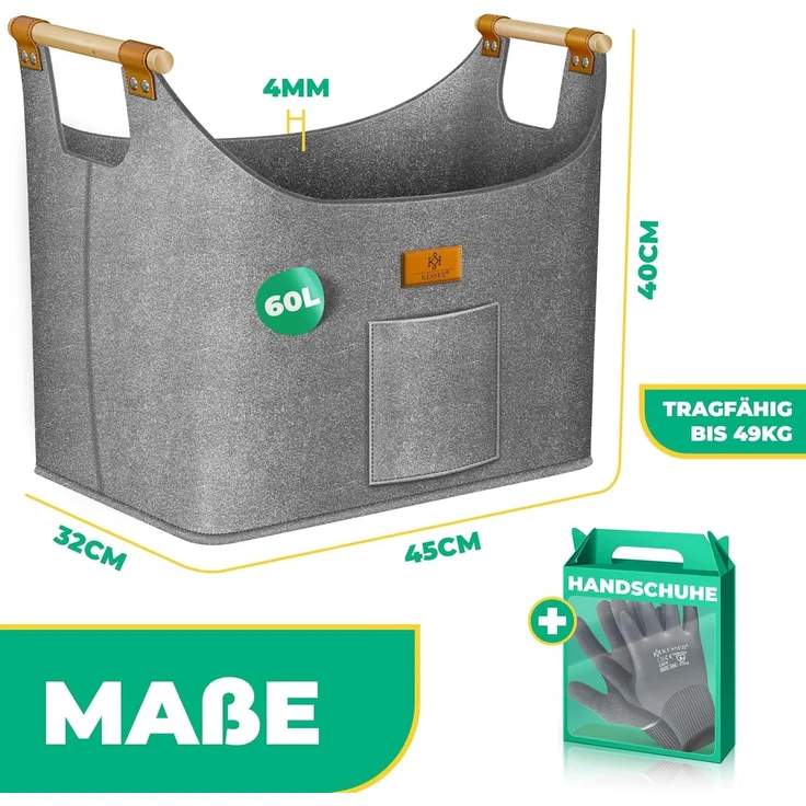 KESSER® Brennholzkorb | Kaminholztasche extra dicker Filz | Feuerholzkorb faltbar mit verstärkten Holzgriffen | Aufbewahrungskorb für Holz, Zeitung oder Brennholz | Inkl. Arbeitshandschuhen Grau, 60 Liter – Bild 7