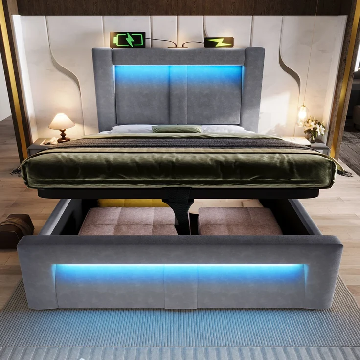 Einzelbett Samt mit Stauraum, LED & USB-Anschluss, 90x200 cm, Grau, ohne Matratze – Bild 4