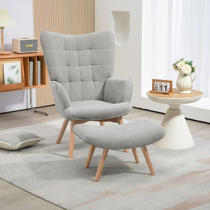 Ohrensessel mit Hocker, Relaxsessel, Polstersessel in Cord-Optik, Loungesessel, Armlehnstuhl mit Holzbeine, Fernsehsessel für Wohnzimmer, Grau--Herde--80x72x101cm--YOUDENOVA – Bild 2