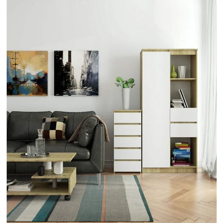 Home Collective Kommode 40 cm breit Holz Highboard Sideboard für Flur Schlafzimmer Wohnzimmer (Mehrzweckschrank Schrank schmal Kommode Schlafzimmer mit Schubladen), Kinderzimmer Organizer, 92 cm hoch mit 5 Schubladen Artisan Eiche weiß – Bild 3