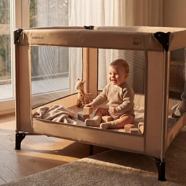 DERYAN Laufstall Baby 100x100cm, Laufgitter Baby, Laufstall mit atmungsaktivem Netz, Faltbares Kinderreisebett mit Matratze & Tragetasche, Playpen, Kinderlaufstall - Nougat – Bild 2