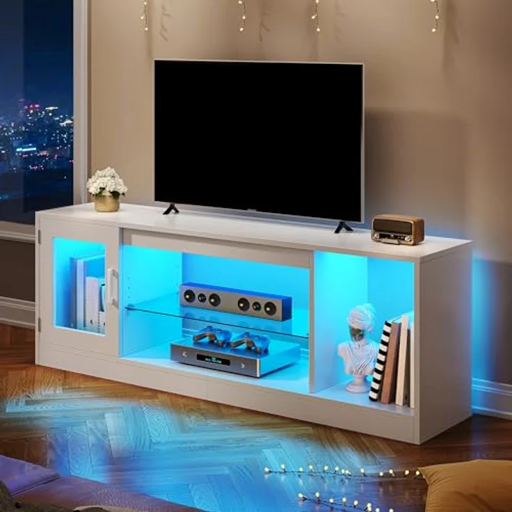 YITAHOME TV Schrank, TV Lowboard LED Weiß - Fernsehschrank Fernsehtisch mit RGB-LED-Leuchten Lowboard und Glasregal Fächern für 65 Zoll & kleinere TVs,für Wohnzimmer Schlafzimmer, B148 x H51 x T32 cm – Bild 2