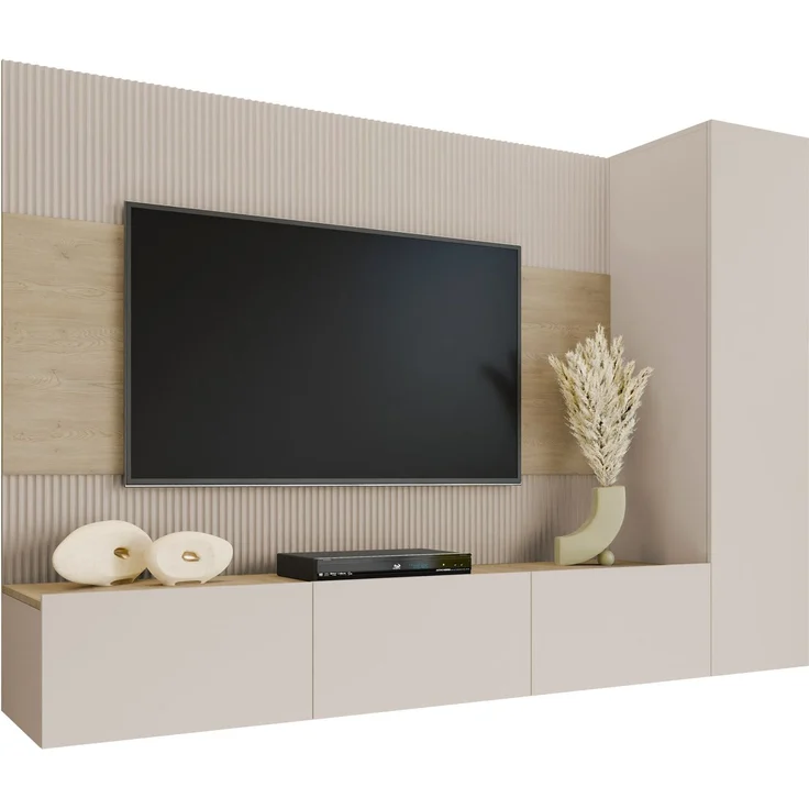 Wohnwand Deromi VI, Griffloses Öffnungssystem (Farbe: Sandbeige + Eiche Cremona) – Bild 3