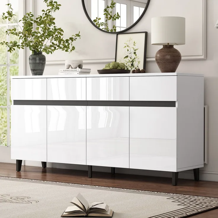 Merax Hochglanz Sideboard, Kommoden, Highboard, Schubladenkommoden mit 4 Schubladen 2 Türen und höhenverstellbaren Regalböden, Hochglanz-Sideboard, Hochglanz-Unterschränke, Eckschränke