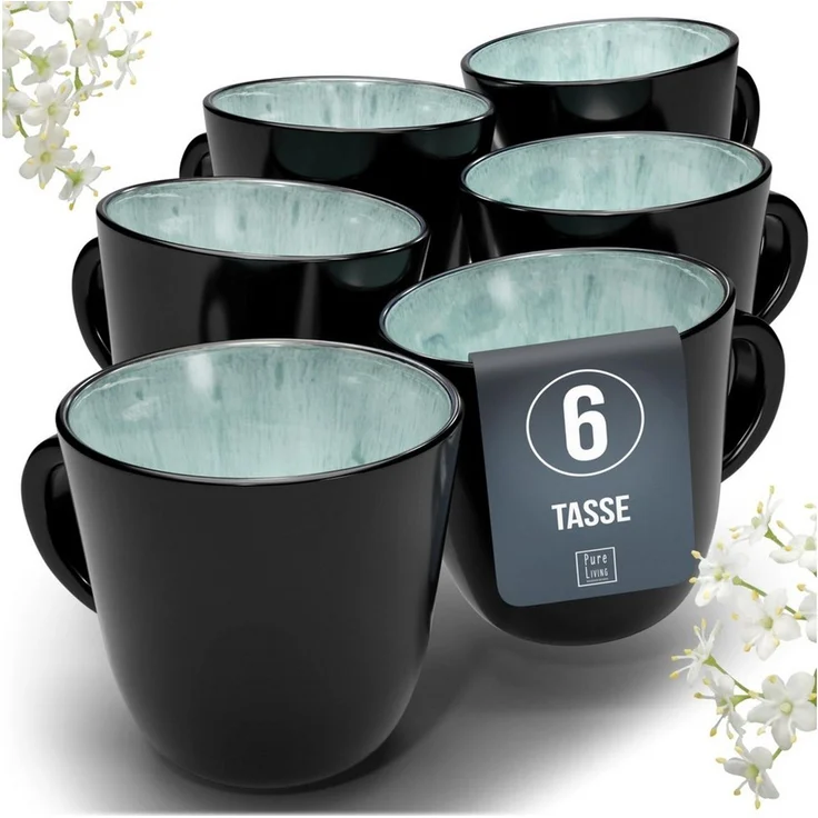 Steingut Kaffeetassen 6 Personen Ibiza TESTSIEGER, Traumhaftes Mediterranes Steingut Tassen Set, Stylisches Tee- und Kaffeebecher Set, Pure Living in Salbeigrün – Bild 1