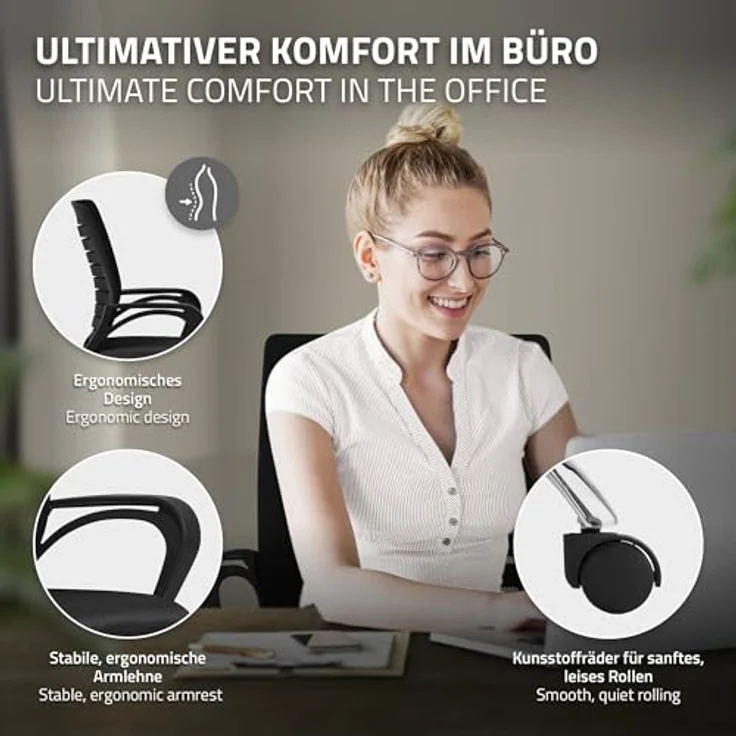 ML-DESIGN Schreibtischstuhl, Höhenverstellbarer Drehstuhl mit atmungsaktiver Netzrückenlehne, schwarz, 1-Sitzer, 54x99x59 cm, bis 130 kg Belastbarkeit – Bild 4