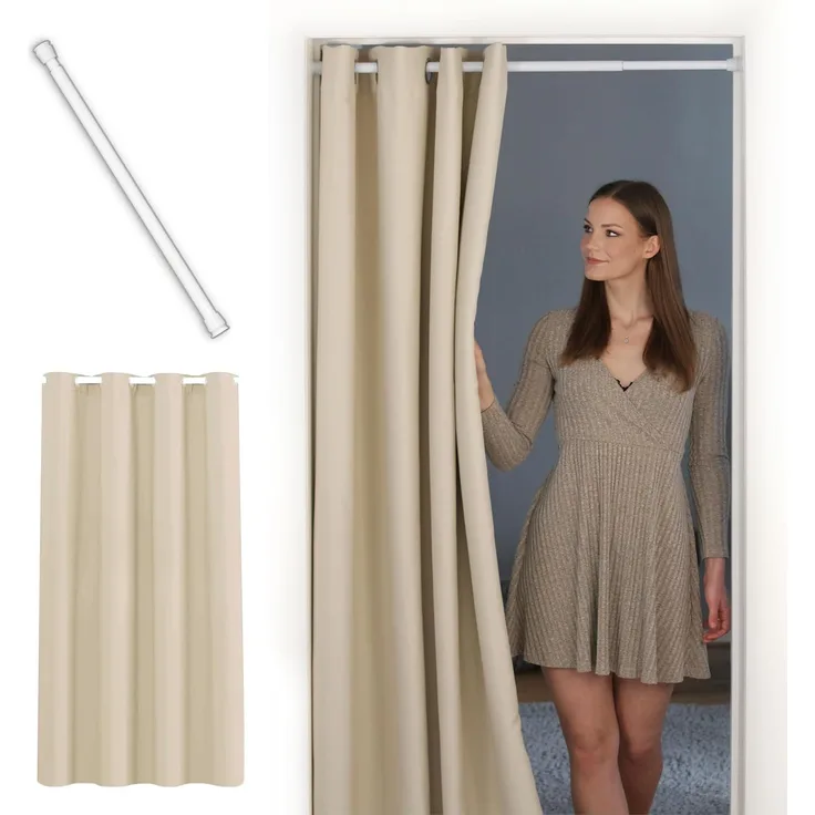 tinycurtains Türvorhang mit Stange weiß 55-90 cm ohne Bohren, Thermo Vorhang Tür, Ösen, abdunkelnd, Polyester, beige Driftwood, Türgardine mit Klemmstange Raumtrenner verdunkelnd