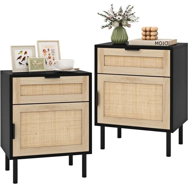 COSTWAY Nachttisch (2-St), Rattan Beistelltisch, Sofatisch, mit Schublade & Schrank – Bild 4