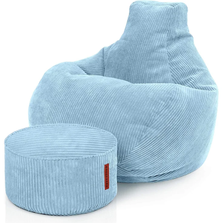 Green Bean® Sitzsack mit Hocker aus Cord - Sitzsäcke für das Wohnzimmer, Schlafzimmer, Sitzsack-Sessel für Erwachsene Hellblau – Bild 1