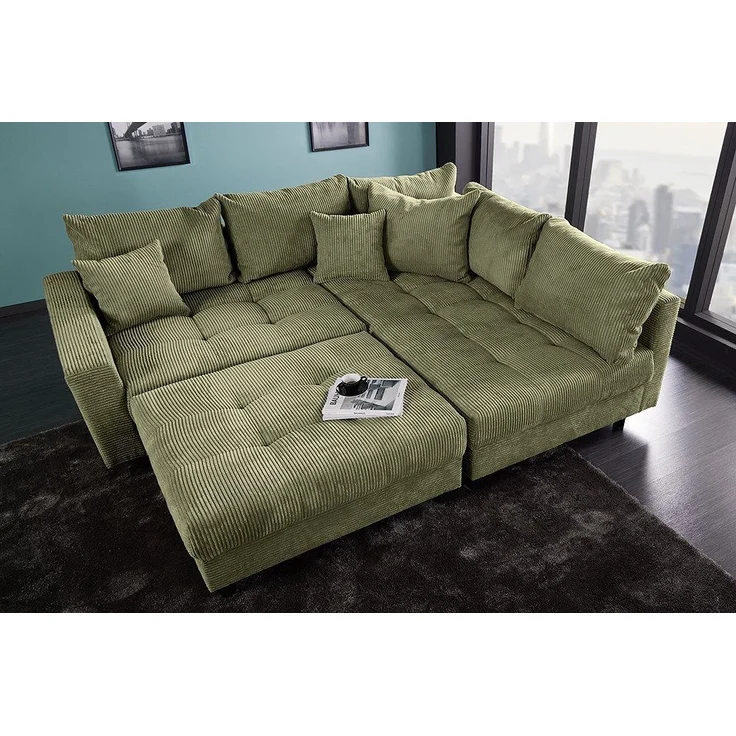 riess-ambiente Ecksofa KENT 220cm grün- Cord, L-Form, Federkern, m. Kissen, FSC-zertifiziert, Einzelartikel 1 Teile, Moderne Wohnlandschaft inkl. Hocker - ideal für Wohnzimmer u. Familien – Bild 3