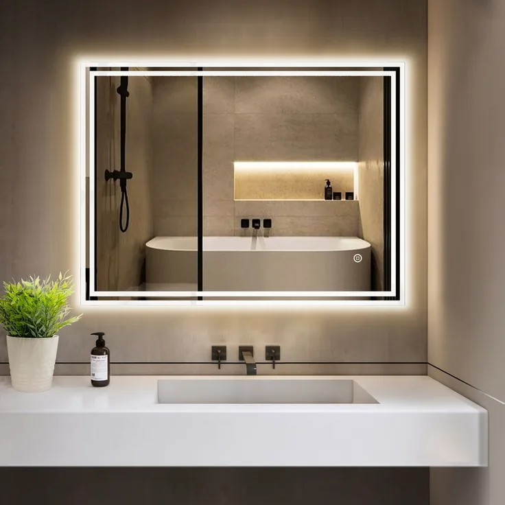 GIMBELEN LED Badezimmerspiegel 80x60 cm, rechteckiger Wandspiegel mit Beleuchtung, 3 Lichtfarben, dimmbar, Anti-Beschlag, Touch-Schalter, explosionssicheres Glas, IP44, Weiß