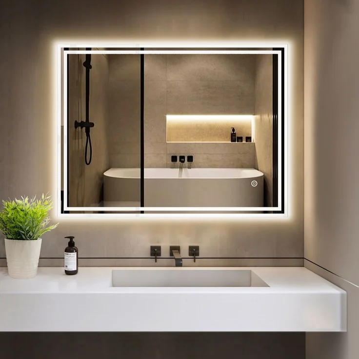 GIMBELEN LED Badezimmerspiegel 80x60 cm, rechteckiger Wandspiegel mit Beleuchtung, 3 Lichtfarben, dimmbar, Anti-Beschlag, Touch-Schalter, explosionssicheres Glas, IP44, Weiß – Bild 1