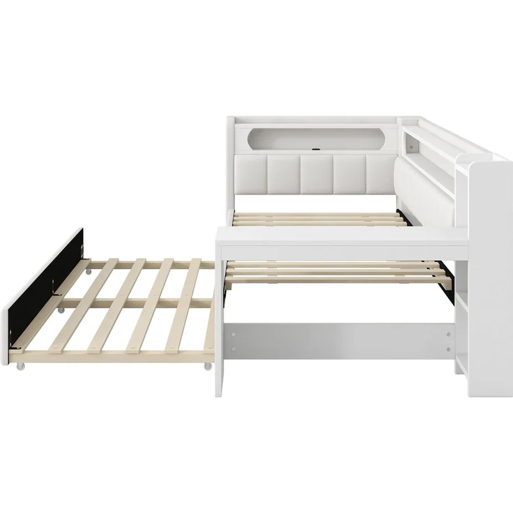 Gepolstertes 90x200 Tagesbett mit USB-Anschlüssen und LED-Gürtel, mit Ausziehbett und Schreibtisch, Weiß – Bild 9