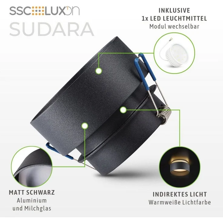 SSC-LUXon LED Einbaustrahler Sudara Einbauspot schwarz indirektes Licht LED Lampe 2W warmweiß, Warmweiß – Bild 4