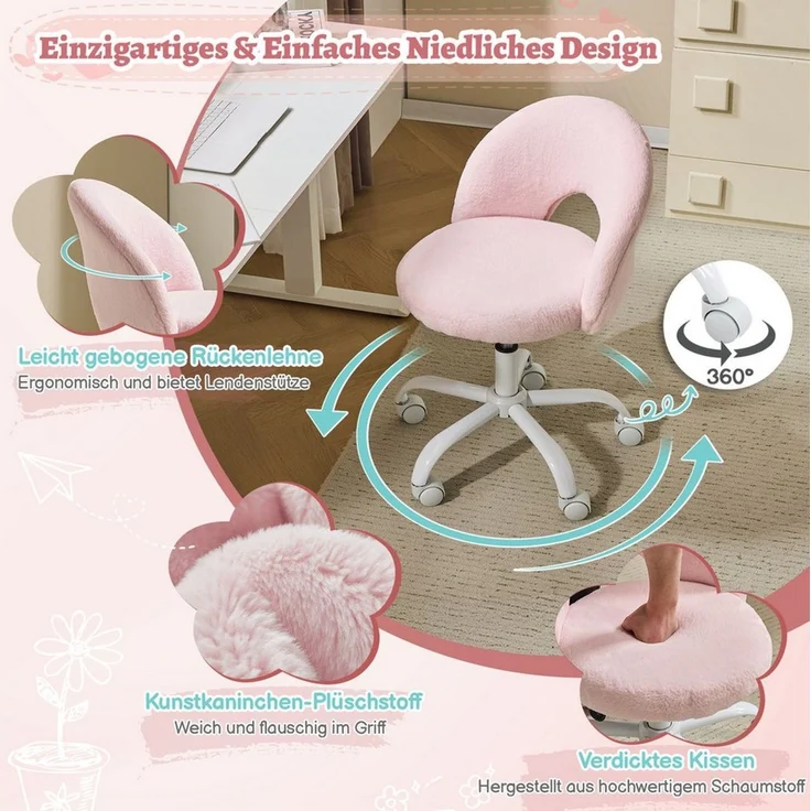 VINGLI Drehstuhl Schminktisch Stuhl, Schreibtischstuhl, Bürostuhl ohne Armlehnen, Höhenverstellbar, Homeoffice, Make up, Kunstkaninchenfell – Bild 4