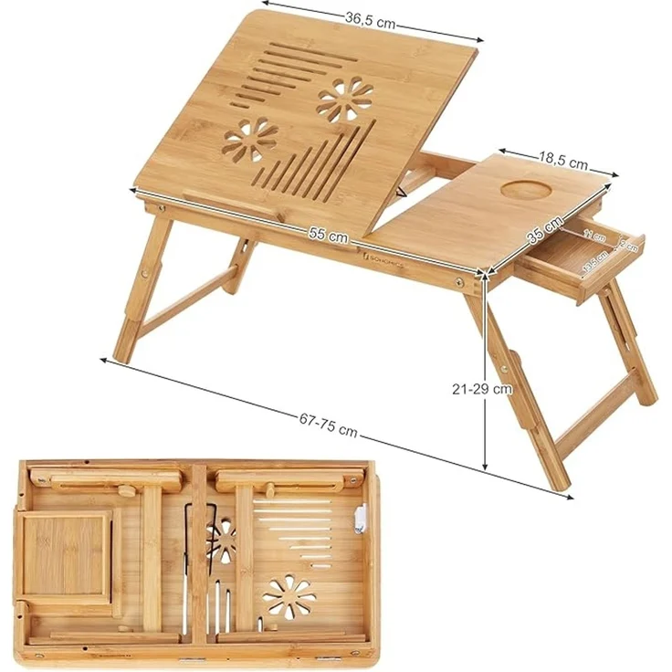 SONGMICS Laptoptisch für Bett, Laptopständer, Frühstückstablett, klappbare Beine, Bambus, höhenverstellbar, mit Schublade, 55 x 35 cm, für Laptops bis 15,6 Zoll, naturbeige – Bild 5