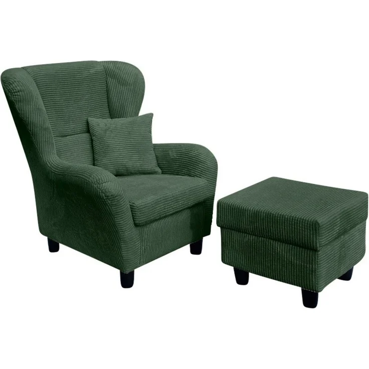Ohrensessel mit Hocker Landhausstil Polster-TV-Lesesessel Cordstoff Grün – Bild 1