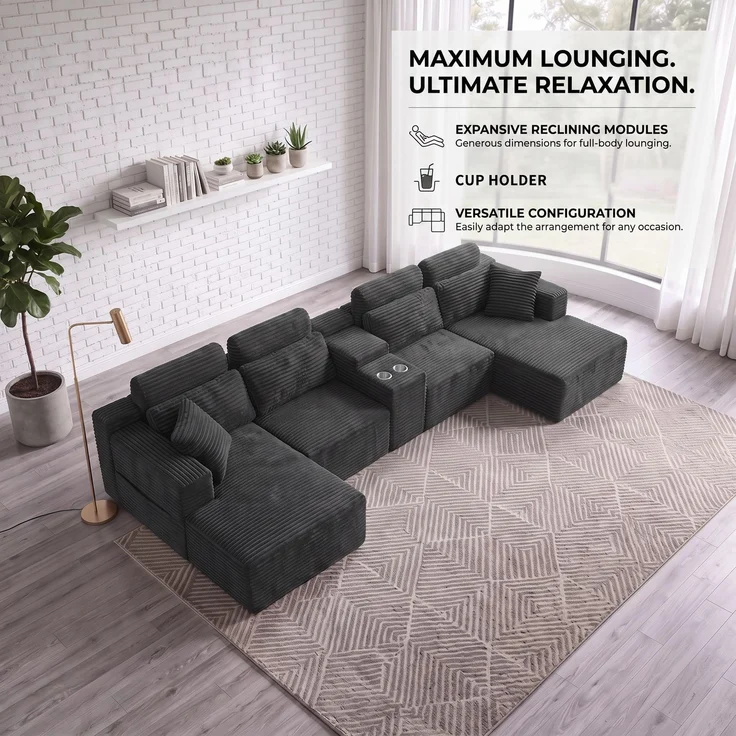 ZUBALIYA Boneless Compression Sofa, U-förmiges modulares Sofa mit integrierten Becherhaltern, Dunkelgrau, 372 x 151 x 80 cm – Bild 13