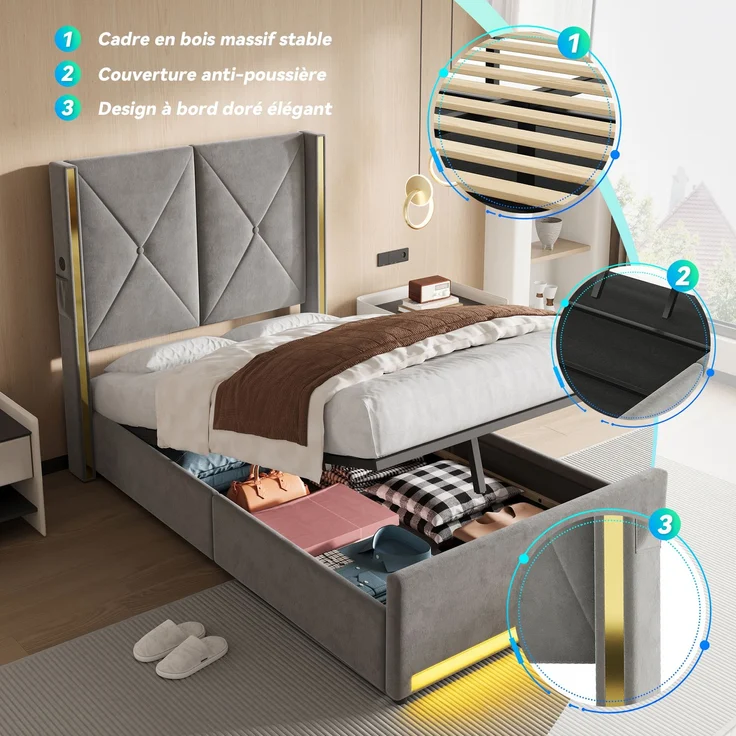 TavilaEcon Boxspringbett Veloursbett mit hohem Kopfteil, Seitentaschen & USB grau Liegefläche 90 × 200 cm – Bild 2