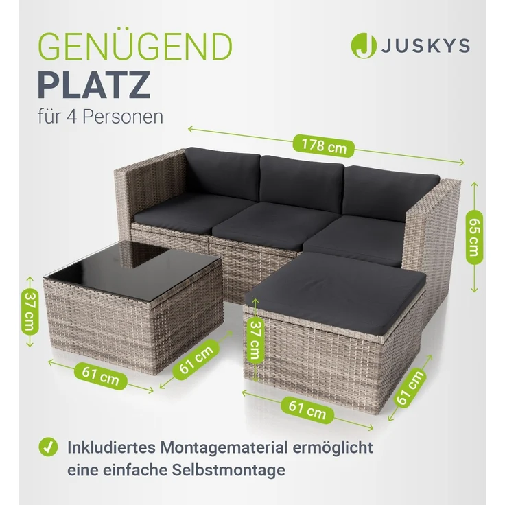Juskys Polyrattan Lounge Punta Cana M grau-meliert inkl. Abdeckung – Gartenlounge für 3-4 Personen – Sitzgruppe mit Sofa, Tisch & Hocker - Sitzbezüge Dunkelgrau – Bild 4