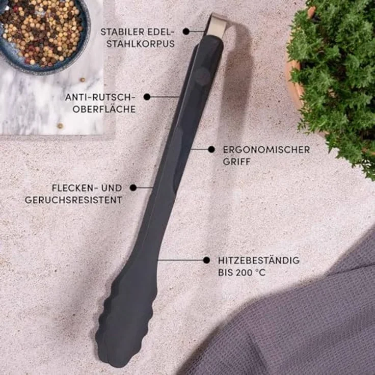 Hoffmann Germany Kochzange Silikon Edelstahl 33 cm anthrazit – kratzerfrei, Edelstahlkern, Silikon-Ummantelung, 200°C, spülmaschinenfest – Bild 2