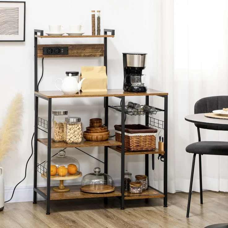 Küchenschrank mit integrierten Steckdosen für Mikrowellen und Regalen, im Industrial-Stil, 90 x 42 x 130 cm, braun – Bild 4