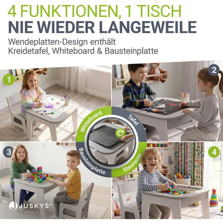 Juskys 'Milou' Kindersitzgruppe - Set mit 2 Stühlen & 1 Tisch, mit Stauraum, Holz, Grau – Bild 2