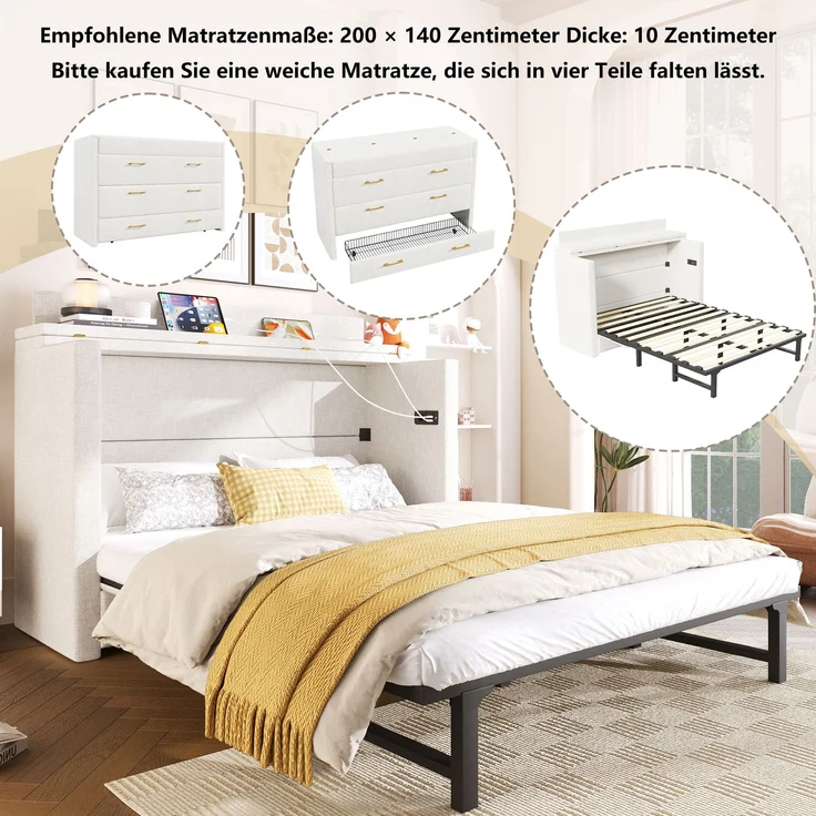 Schrankbett, 140 x 200, Mit einer Schublade,Mobiles Schrankbett mit Ablagefach am Bett, mit USB- und Typ-C-Anschlüssen, Umbaubares Plattformbett, Ohne Matratze,Leinen, Beige – Bild 2