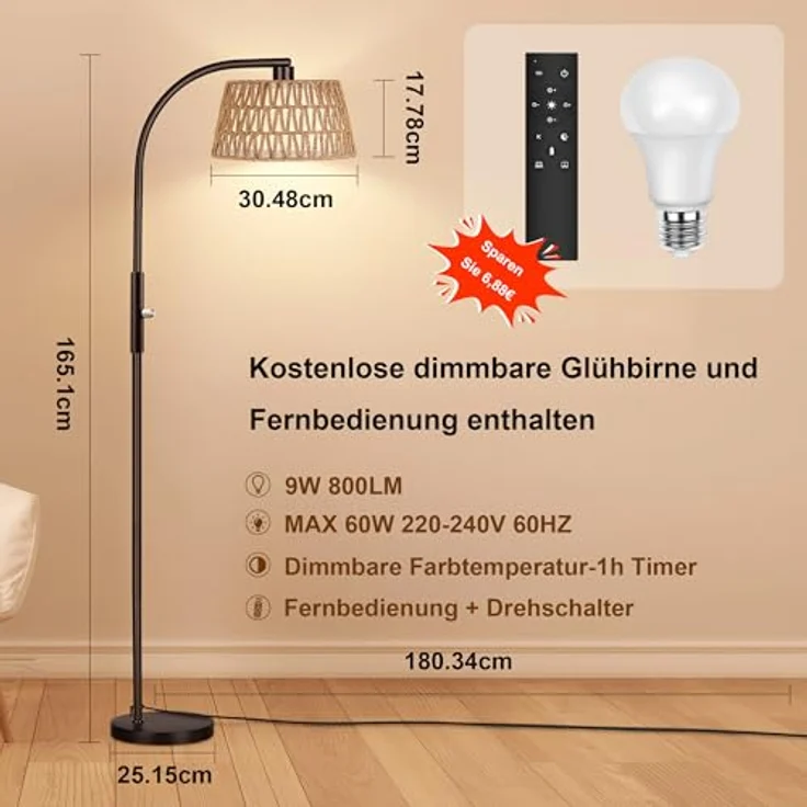 ROTTOGOON Bogen Rattan Stehlampe für Wohnzimmer 3 Farbtemperaturen Dimmbare 9W LED mit Fernbedienung Boho Landhausstil Stehleuchte für Schlafzimmer Büro Schwarz – Bild 2