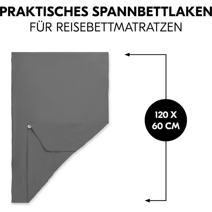 hauck Baby Spannbettlaken 60x120 cm für Reisebettmatratzen, Baby Matratzenbezug Baumwolle Musselin, 60° C Maschinenwäsche, Babybettlaken mit Gummizug (Dark Grey) – Bild 3