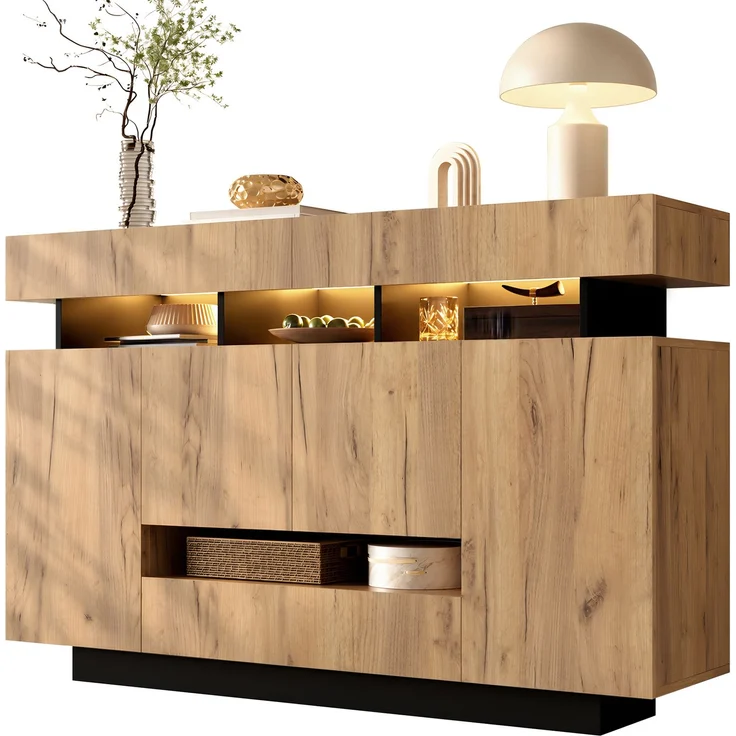 Sideboard B 140 x T 35 x H 90 cm aus Spanplatte in Natur/Schwarz mit RGB-Beleuchtung – Bild 8