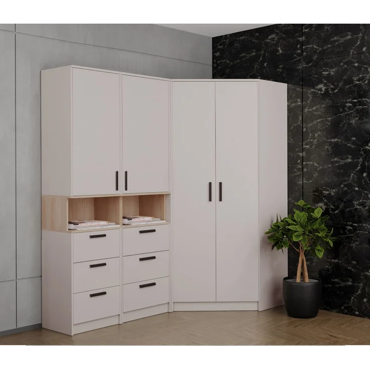 Marmex Möbel Grant 17C Ein Garderoben-Set, Mehrzweckschrank-Set ,Flur, Schlafzimmer, Eckschrank-Set, laminierte Spanplatte, graubeige cashmere+cremona torro, 143x195x143 cm – Bild 1