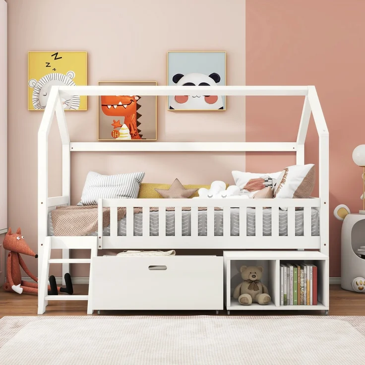 Merax Hausbett Kinderbett Jugendbett 200x90 Mit Schubladen und Ablagefächern Geeignet für Jungen und Mädchen Mit Anti-Drop-Geländer, Weiß (Ohne Matratze) – Bild 2