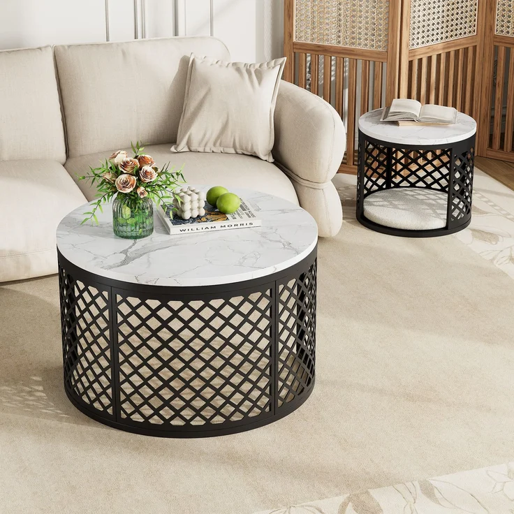 Nesting-Couchtisch 70x70x45 cm – Platzsparendes 2er-Set in Weiß & Schwarz – Bild 1